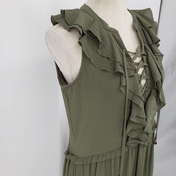 3/$25 Cupio High Low Dress S Ruffle Trim Lace Up V Neck A Line Green NWT - Picture 7 of 13